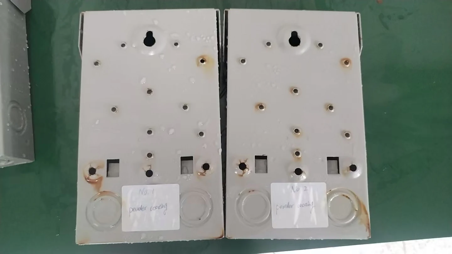 Samples A1 and A2 after 163 hours of neutral salt spray exposure